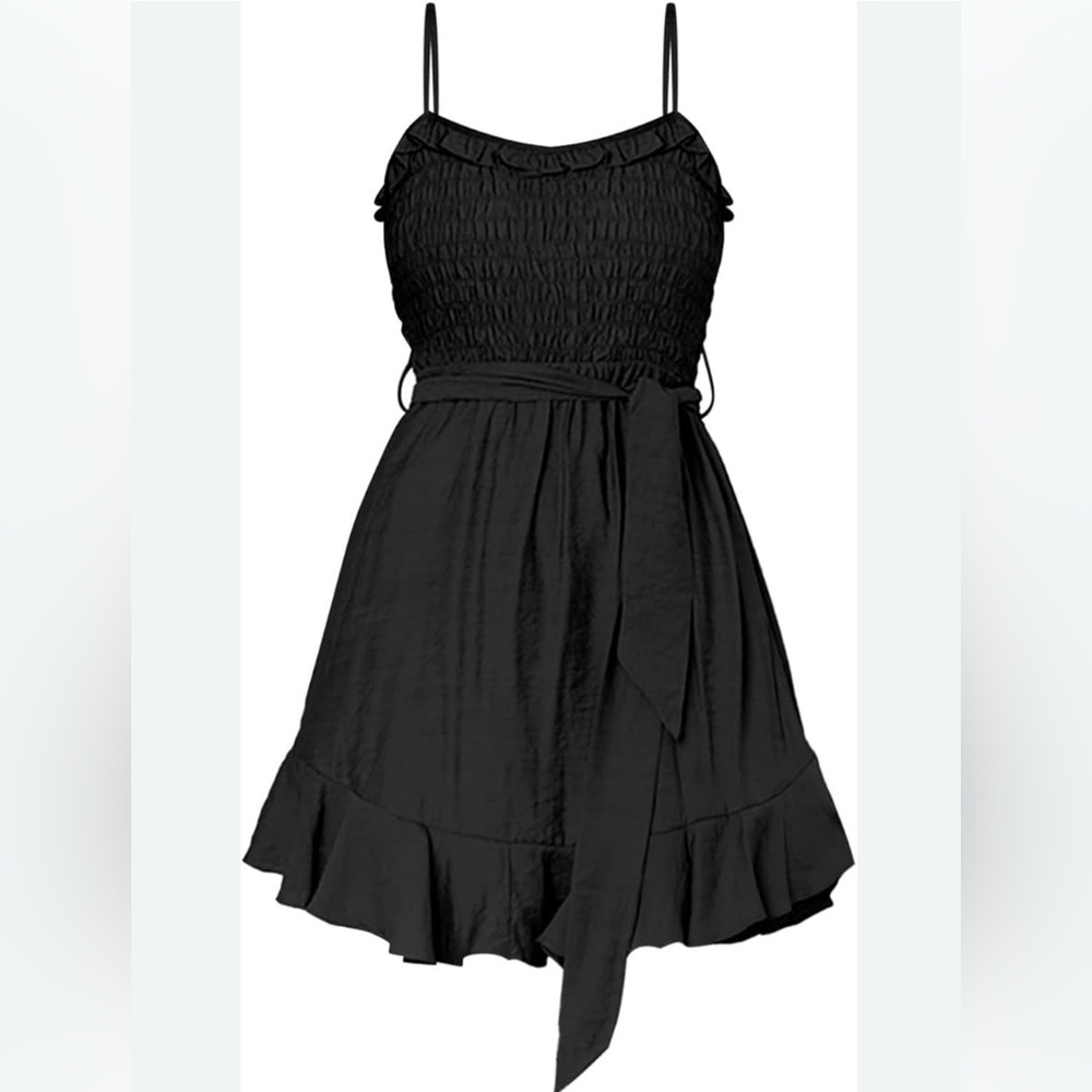Black Smocked Ruffled Spaghetti Strap SZ 10 Knee Length Dress Casual Party